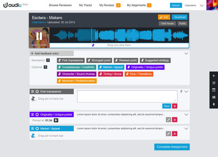 Audiu professional music review website app user interface UI design